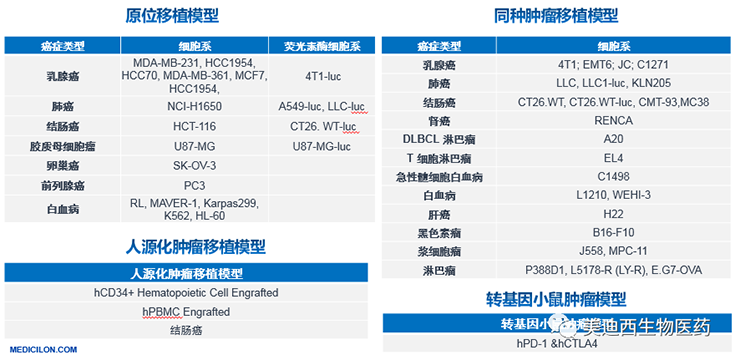 xcsports原位移植模型、同种肿瘤移植模型、人源化肿瘤移植模型和转基因小鼠肿瘤模型清单